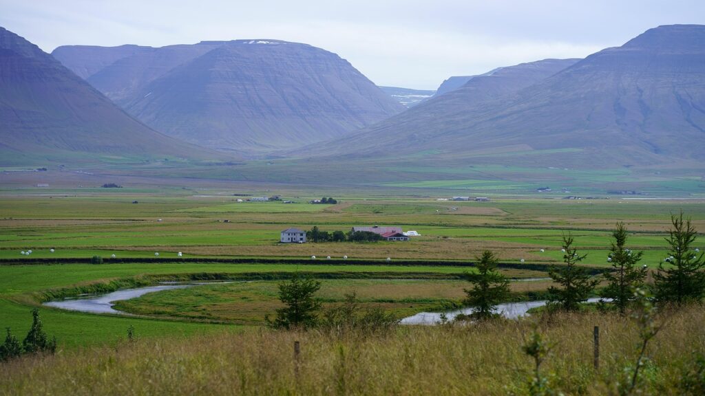 mountains, village, countryside, nature, landscape, rustic, agricultural grounds, iceland, farmland, farm, river, green